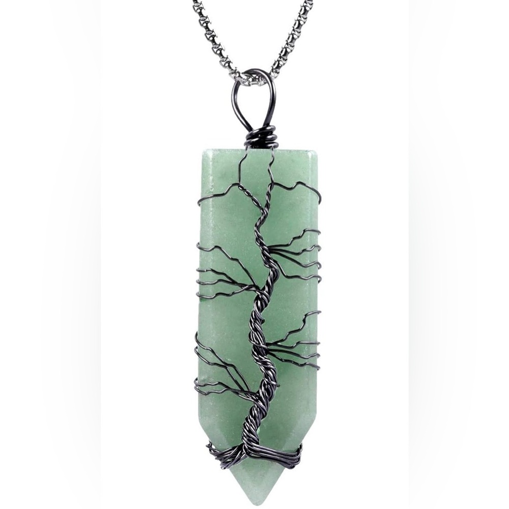 New Crystal Pendant Necklace Wire Wrapped Amulet Jewelry Green Aventurine Stone